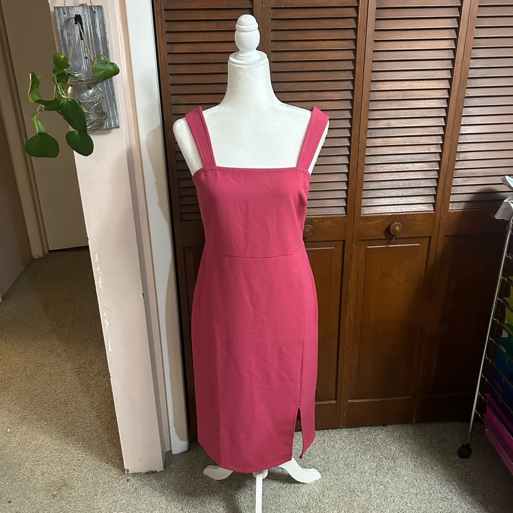 Chelsea 28 Square Neck Side Slit Dress in Rose Pink - S small